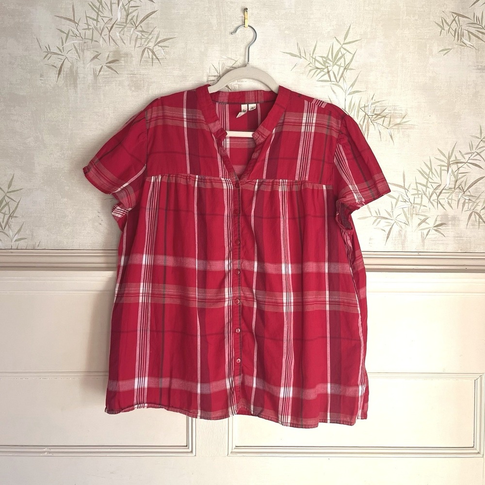100% Cotton Red Plaid Button Up Short Sleeve Blouse Top India - Women's 1X